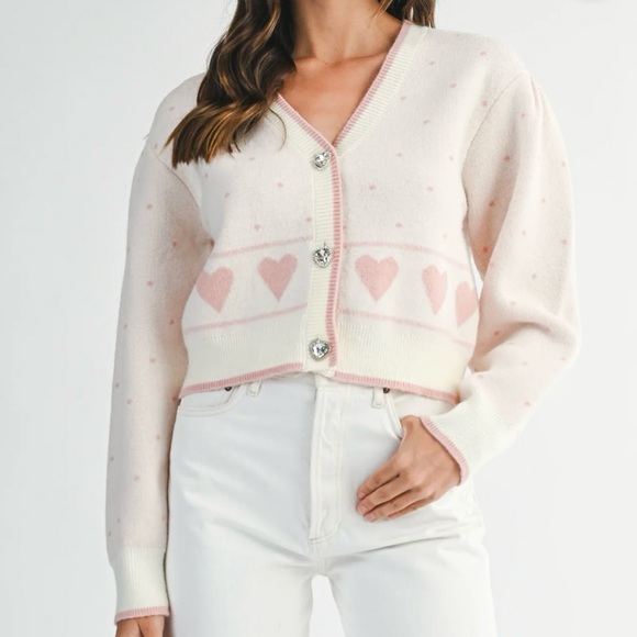MARBLE Sweaters - MABLE Cream and Pink Heart Cardigan Sweater